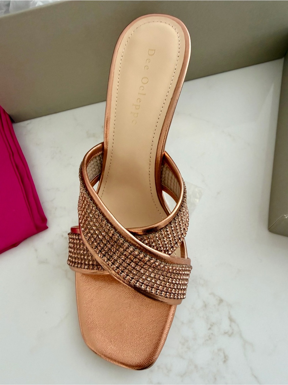 Decolleteppa Rose Gold Crystal Cross-Strap Heel